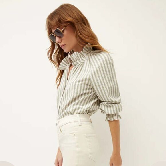 Veronica Beard NWT Calisto Green & Cream Striped Ruffle Collar Shirt $298 - Picture 6 of 12
